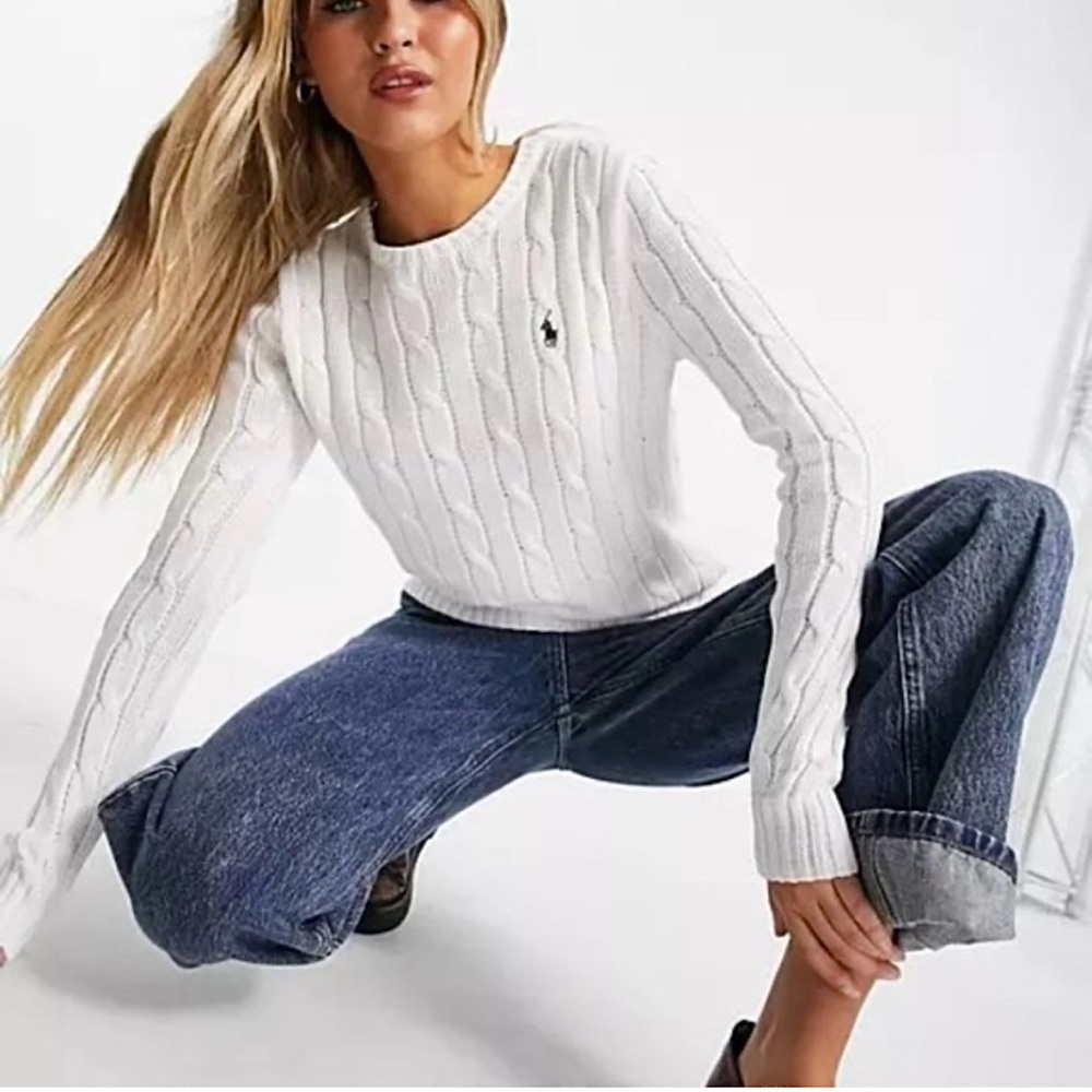 Ralph Lauren Cotton Cable Knit Sweater. Crew Neck. White with Pony. Preppy. M